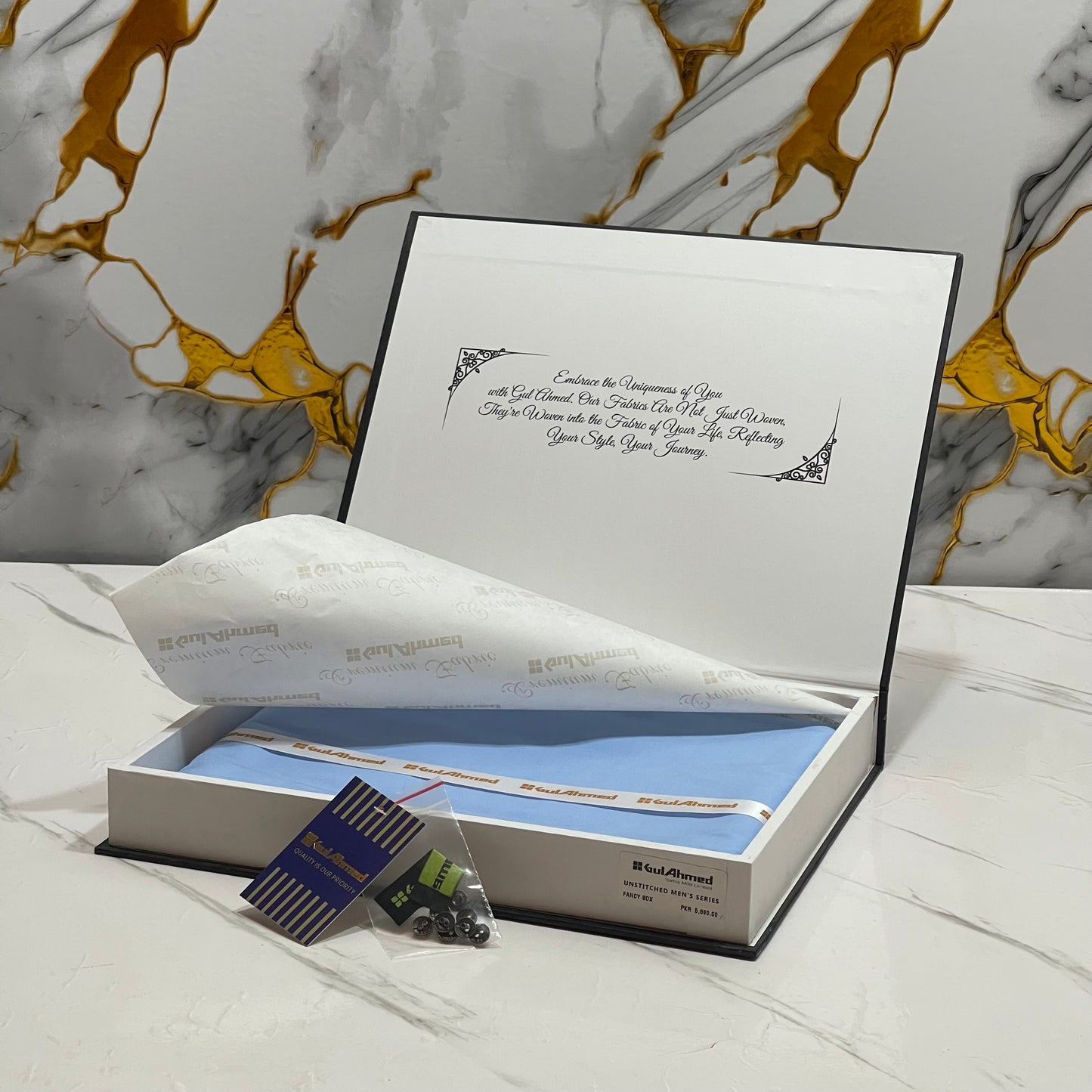 GulAhmed Men’s Gift Box – SKY BLUE Unstitched Soft Cotton Suit