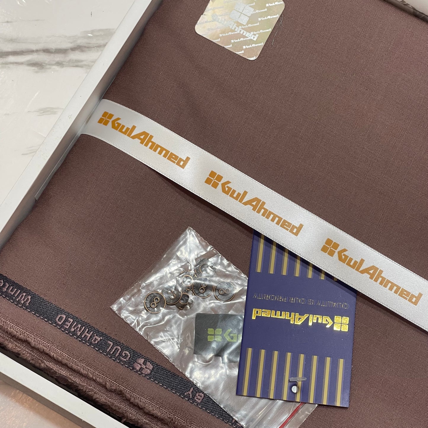 GulAhmed Men’s Gift Box – DARK BROWN Unstitched Wash & Wear Suit