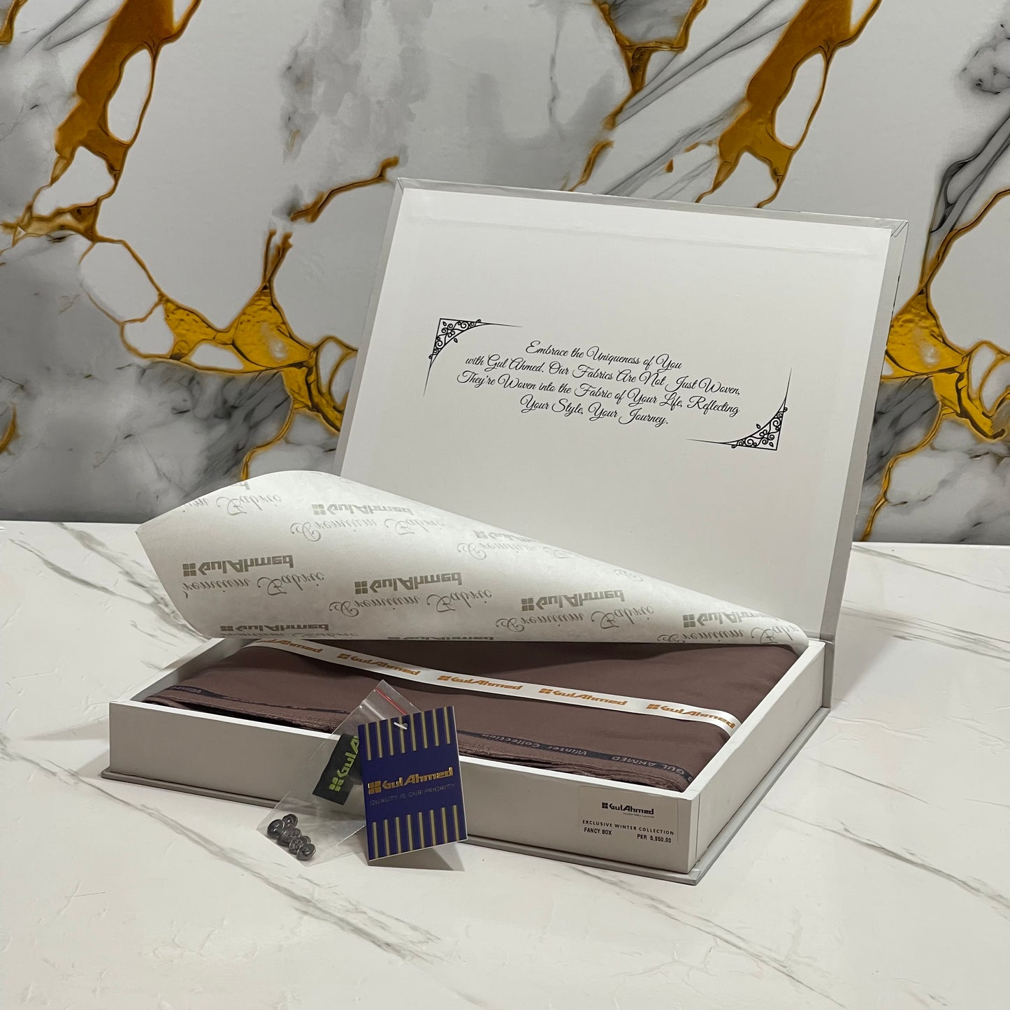 GulAhmed Men’s Gift Box – DARK BROWN Unstitched Wash & Wear Suit